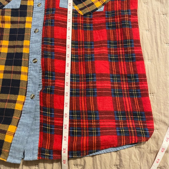Colorful yellow orange red Plaid flannel on chambray blue Button Down Shirt M - Picture 4 of 5